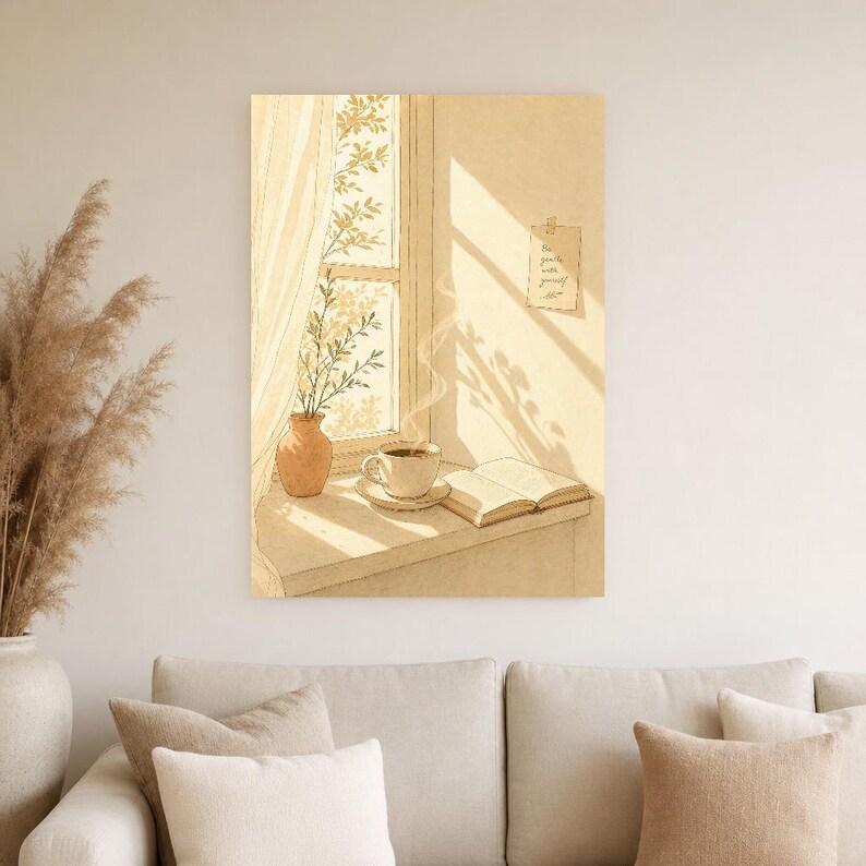 Slow Living Wall Art Print | Morning Coffee Window Poster | Cozy Kitchen Art | Warm Minimal Hand Drawn Wall Decor image 4
