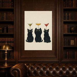 Black Cat Cocktail Wall Art Print | Martini Trio Poster | Bar Cart Print | Quirky Black Cat Club Lounge Decor image 5