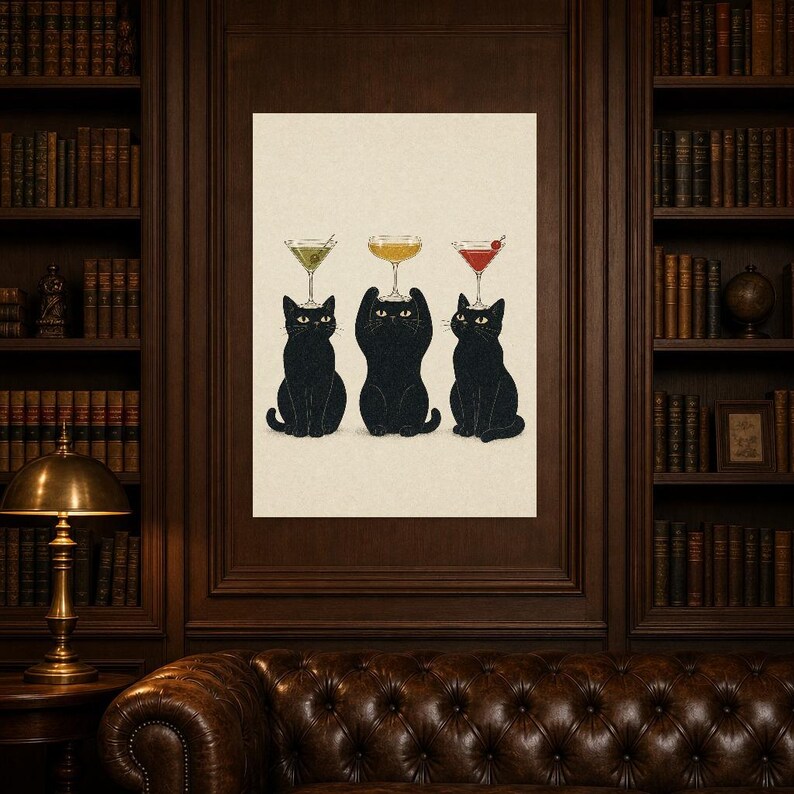 Black Cat Cocktail Wall Art Print | Martini Trio Poster | Bar Cart Print | Quirky Black Cat Club Lounge Decor image 5