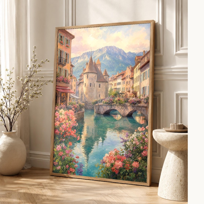 Annecy Travel Poster | Soft Painting France Wall Art | Venice of the Alps Canal Print | Printed & Shipped image 1