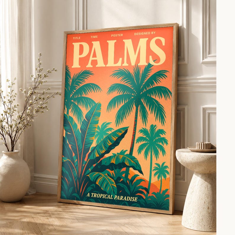 Palms Retro Poster | Vintage 70s Wall Art Print | Aesthetic Magazine Print | Mid Century Retro Decor Gift image 1