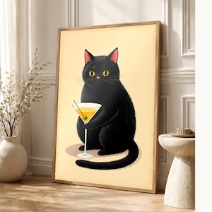 Black Cat Cocktail Wall Art | Funny Martini Bar Cart Poster | Retro Kitchen Bar Print image 1
