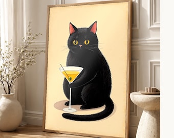 Black Cat Cocktail Wall Art | Funny Martini Bar Cart Poster | Retro Kitchen Bar Print