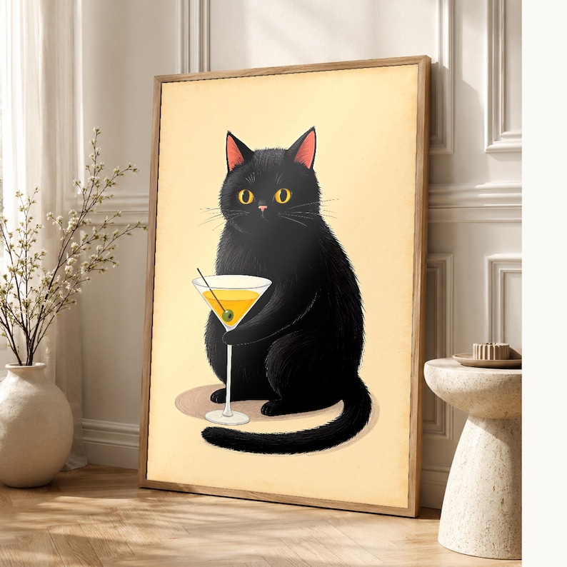 Black Cat Cocktail Wall Art | Funny Martini Bar Cart Poster | Retro Kitchen Bar Print image 1