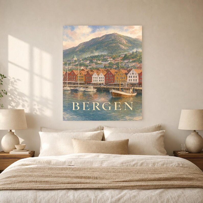 Bergen Travel Poster | Soft Painting Norway Wall Art | Named City Print | Printed & Shipped image 6