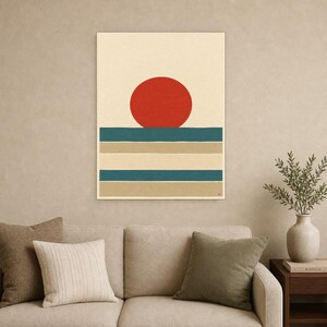 Tomato Red Sun Nordic Lake Wall Art Print | Minimalist Sun Poster | Cut-Paper Mid-Century Print | Gray Blue Scandi Decor image 9
