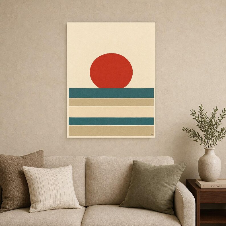 Tomato Red Sun Nordic Lake Wall Art Print | Minimalist Sun Poster | Cut-Paper Mid-Century Print | Gray Blue Scandi Decor image 9