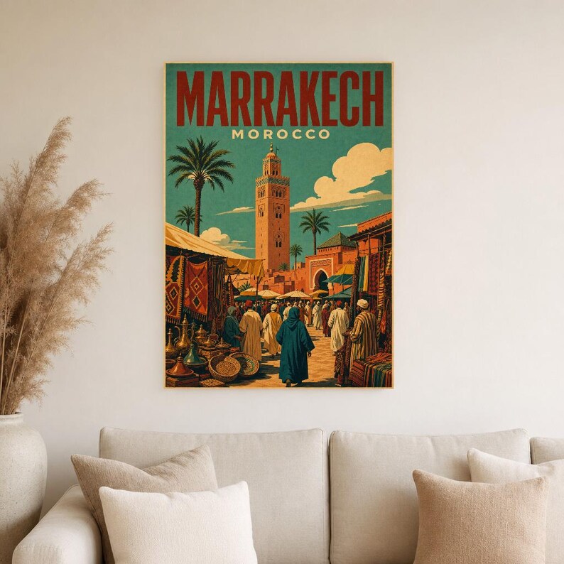 Plakat podróżniczy z Marrakeszu | Druk z targu w stylu vintage | Sztuka ścienna z Maroka | Wydruk i wysyłka zdjęcie 4