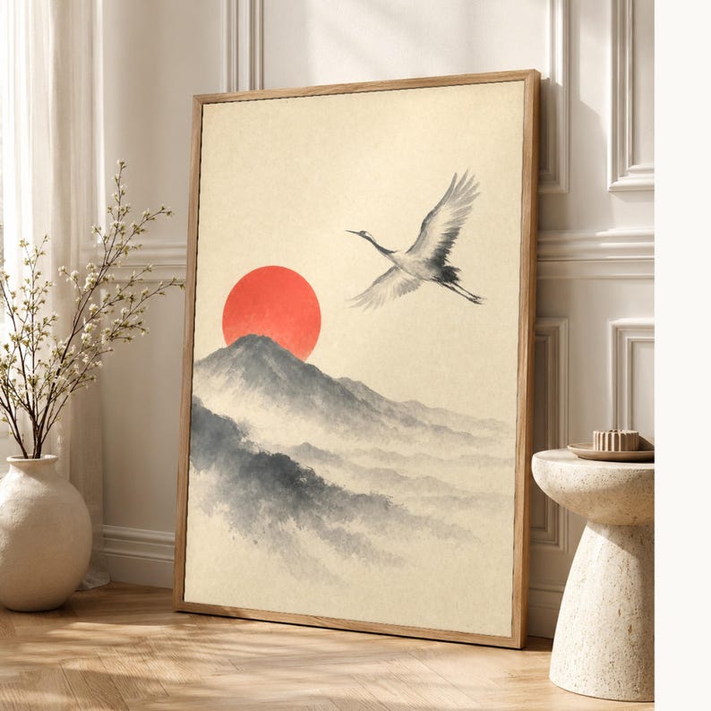 Red Sun Mountain Japandi Wall Art Print | Sumi-e Crane Print | Wabi Sabi Zen Office Poster image 1