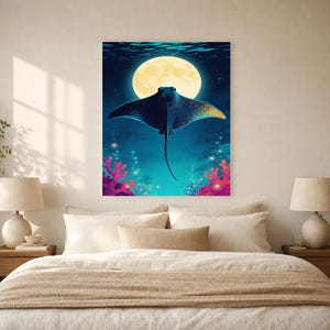 Bioluminescent Manta Ray Poster | Deep Sea Ocean Bathroom Wall Art Print | Dark Coastal Night Print image 6