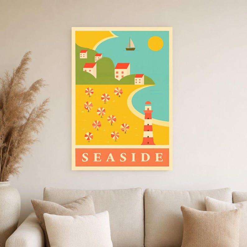 Zestaw grafik ściennych „Saffron Coastal Travel” | Plakat retro z plażą | Wydruk w galerii Seaside zdjęcie 4