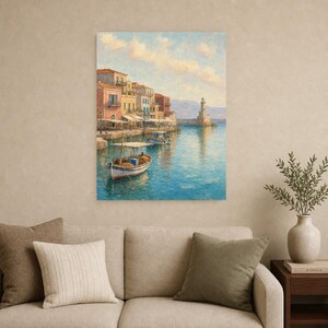 Crete Travel Poster | Soft Painting Greece Wall Art | Chania Old Harbour Coastal Print | Printed & Shipped image 9