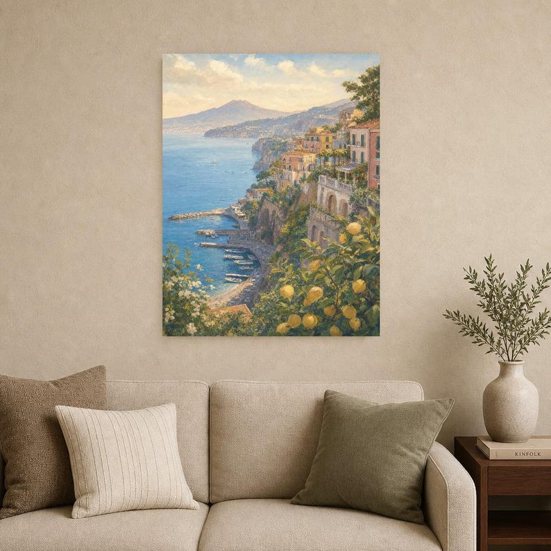 Sorrento Travel Poster | Soft Painting Italy Wall Art | Bay of Naples Coastal Print | Printed & Shipped image 9