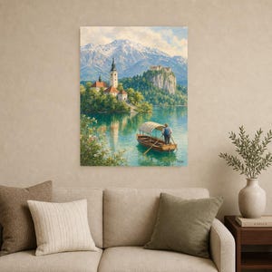 Lake Bled Travel Poster | Soft Painting Slovenia Wall Art | Alpine Island Church Print | Printed & Shipped image 9