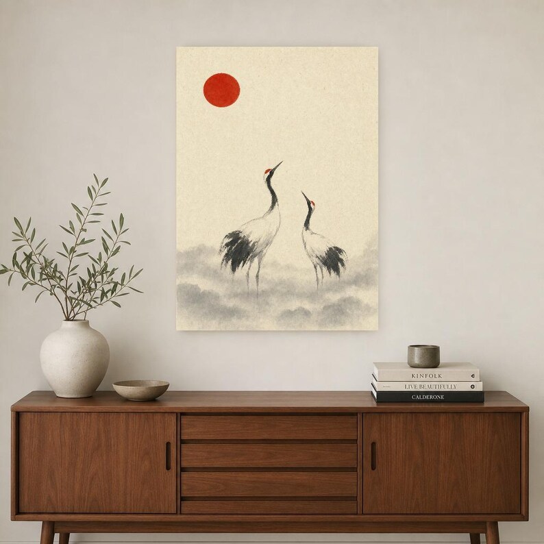 Red Sun Crane Japandi Wall Art Print | Ink Wash Pair in Mist | Wabi Sabi Hallway Poster Print image 2