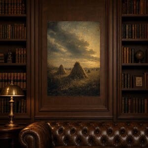 Moody Harvest Field Haystacks Wall Art Print | Vintage Oil Painting Print | Faded Golden Light Tonalist Decor | Antique Farm Poster image 5