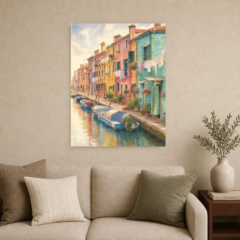 Burano Travel Poster | Soft Painting Italy Wall Art | Colorful Venice Canal Houses Print | Printed & Shipped image 9