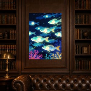 Bioluminescent Fish Shoal Poster | Deep Sea Ocean Bathroom Wall Art Print | Dark Coastal Night Print image 4