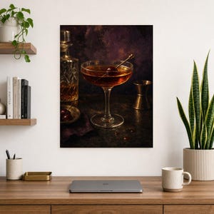 Manhattan-Cocktail-Druck | Moody Barwagen Wandkunst | Whiskey-Coupé und Kirschstillleben Bild 8