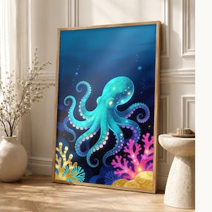 Bioluminescent Octopus Poster | Deep Sea Ocean Bathroom Wall Art Print | Dark Coastal Night Print image 1