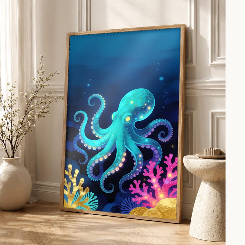 Bioluminescent Octopus Poster | Deep Sea Ocean Bathroom Wall Art Print | Dark Coastal Night Print image 1