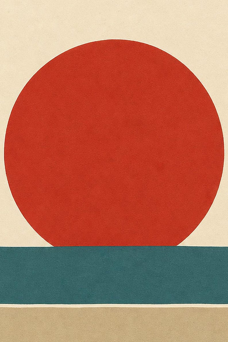 Tomato Red Sun Nordic Lake Wall Art Print | Minimalist Sun Poster | Cut-Paper Mid-Century Print | Gray Blue Scandi Decor image 3