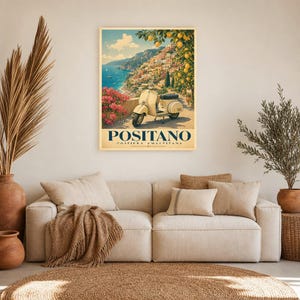 Positano Vespa Wandkunst | Italienisches Riviera-Reiseplakat | Amalfiküste Druck | Vintage Dolce Vita Roller Kunst | Mediterranes Dekor Bild 7