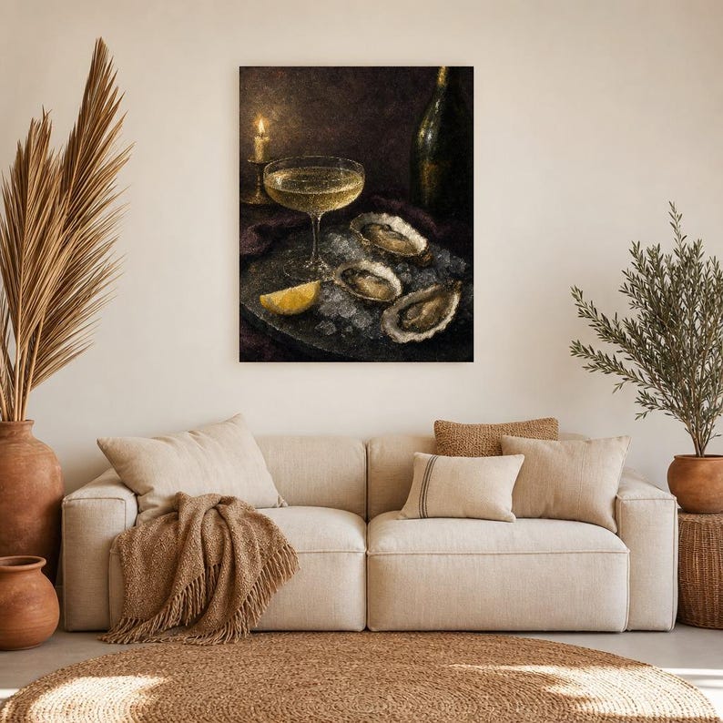 Moody Oysters Champagne Wall Art | Dark Food Still Life Poster | Kitchen Wall Art Print | Aperitivo Art image 7