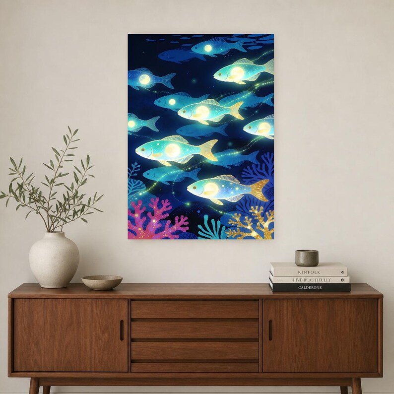 Bioluminescent Fish Shoal Poster | Deep Sea Ocean Bathroom Wall Art Print | Dark Coastal Night Print image 3