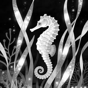 Biolumineszierendes Seepferdchen-Poster | Tiefsee-Ozean-Badezimmer-Wandkunstdruck | Dunkler Küstennachtdruck Bild 17