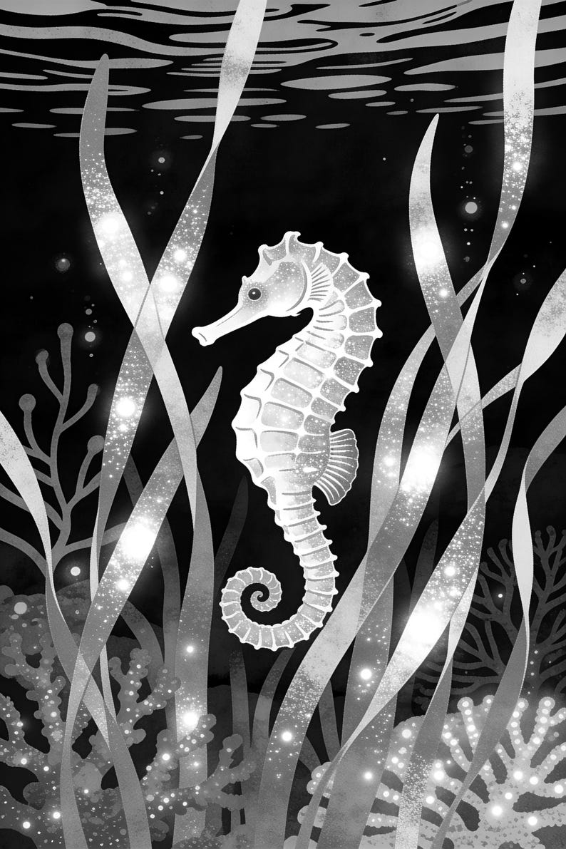Biolumineszierendes Seepferdchen-Poster | Tiefsee-Ozean-Badezimmer-Wandkunstdruck | Dunkler Küstennachtdruck Bild 17