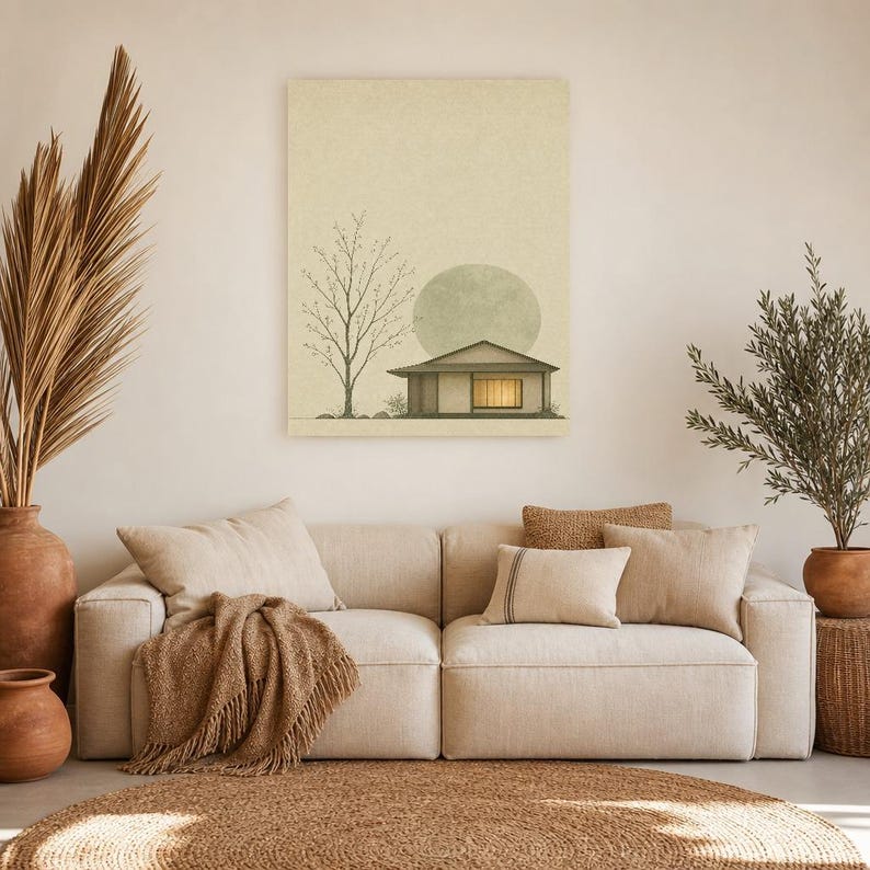 Sage Green Japandi Wall Art Print | Serenity House and Moon | Wabi Sabi Minimal Bedroom Poster image 7