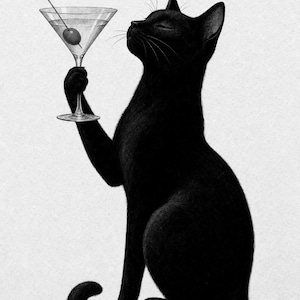 Black Cat Martini Wall Art Print | Olive Cocktail Poster | Bar Cart Print | Funny Black Cat Club Bar Decor image 10