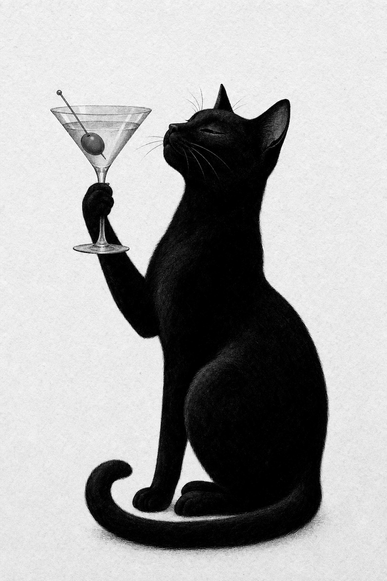 Black Cat Martini Wall Art Print | Olive Cocktail Poster | Bar Cart Print | Funny Black Cat Club Bar Decor image 10