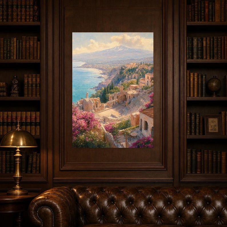 Taormina Travel Poster | Soft Painting Sicily Italy Wall Art | Coastal Etna View Print | Printed & Shipped image 5