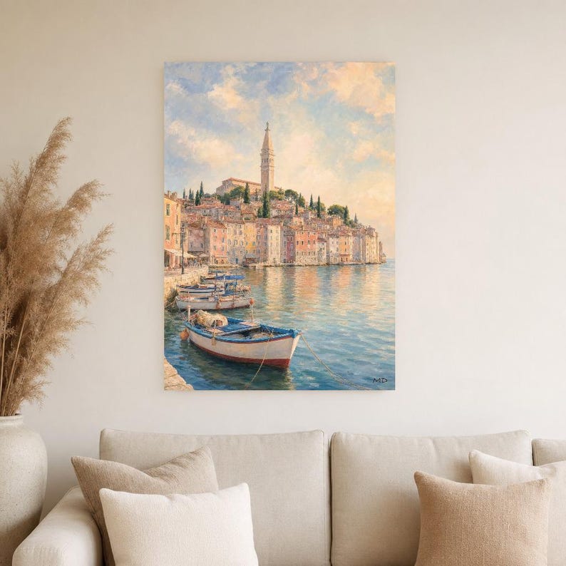 Plakat podróżniczy Rovinj | Delikatne malowanie, Chorwacja, grafika ścienna | Wydruk z nadmorskim miastem Adriatyku | Wydruk i wysyłka zdjęcie 4