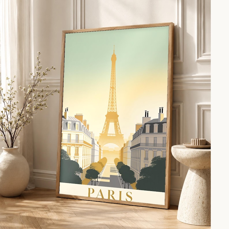 Póster de viaje vintage de París | Impresión de arte retro de la ciudad de Francia | Decoración de pared de regalo de inauguración de la cas imagen 1