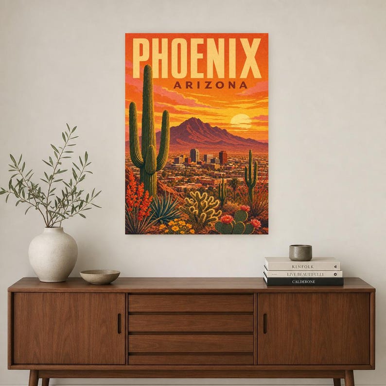 Póster de viaje de Phoenix | Lámina vintage de una puesta de sol en el desierto de Sonora | Lámina decorativa de Arizona | Decoración urbana de mediados de siglo imagen 2