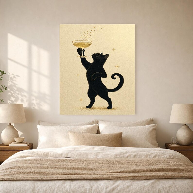 Arte de pared de champán de gato negro | Póster Coupé dorado | Impresión del carrito de la barra | Decoración de celebración del Chic Noir C imagen 6