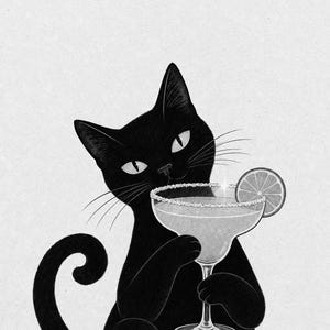 Arte de pared Margarita de gato negro | Cartel de cóctel de lima | Impresión del carrito de la barra | Decoración divertida del bar Noir Cat imagen 10