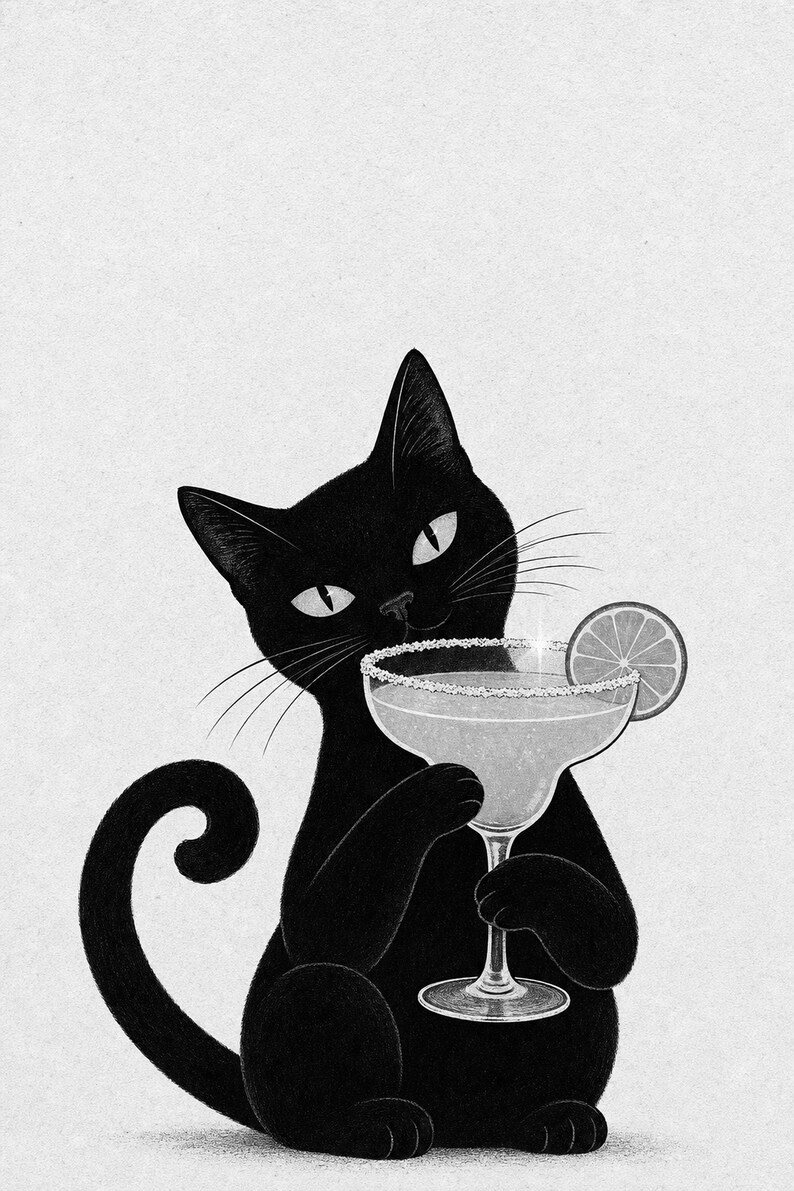 Arte de pared Margarita de gato negro | Cartel de cóctel de lima | Impresión del carrito de la barra | Decoración divertida del bar Noir Cat imagen 10