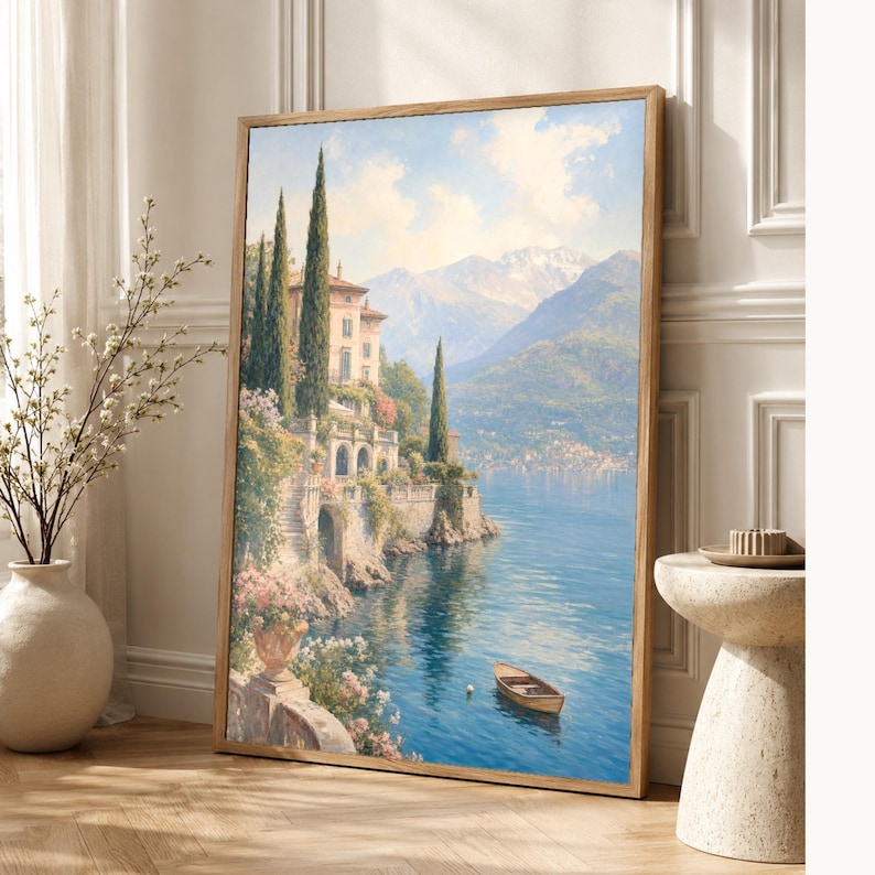 Lake Como Travel Poster | Soft Painting Italy Wall Art | Italian Lake Villa Print | Printed & Shipped image 1