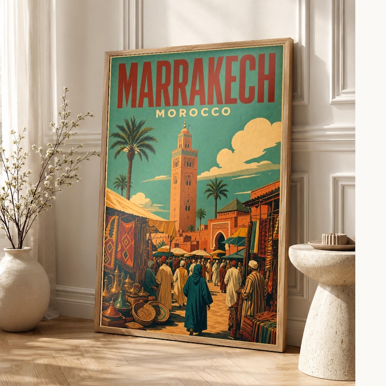 Plakat podróżniczy z Marrakeszu | Druk z targu w stylu vintage | Sztuka ścienna z Maroka | Wydruk i wysyłka zdjęcie 1