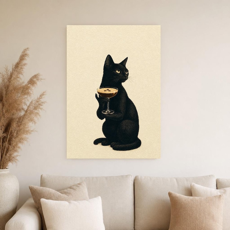 Black Cat Martini Wall Art Print | Espresso Martini Poster | Bar Cart Print | Quirky Black Cat Club Kitchen Decor image 4
