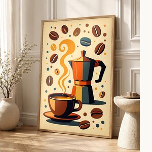Peut inclure: Une affiche murale encadrée représentant une cafetière moka stylisée, une tasse à café sur sa soucoupe et des grains de café éparpillés. Le design utilise une palette de couleurs chaudes orange, jaune, marron et bleu sarcelle sur fond crème.
