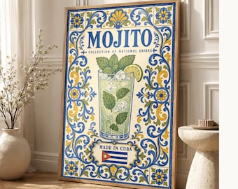 Mojito Cocktail Tile Wall Art Print | Cuba National Drink Poster | Azulejo Bar Cart Print | Maiolica Kitchen Decor