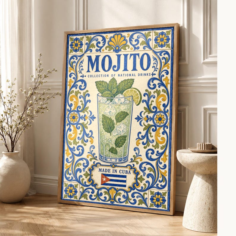 Płytka ścienna z koktajlem Mojito | Kubański plakat narodowy z napojami | Druk koszyka barowego Azulejo | Wystrój kuchni majolikowej zdjęcie 1
