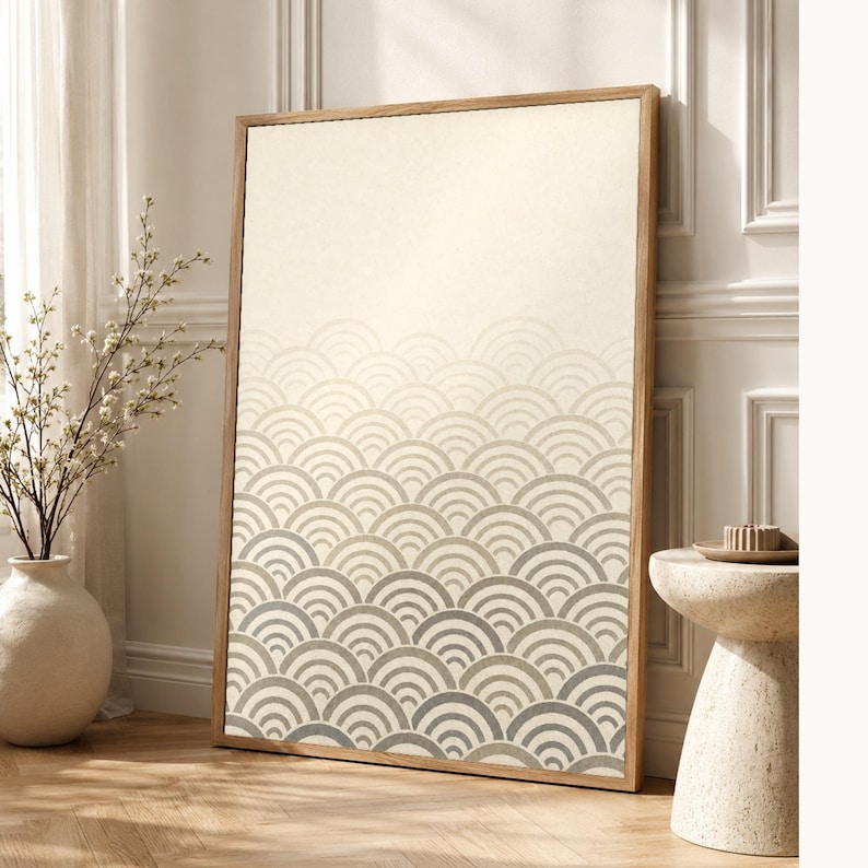 Set da parete neutro per la galleria Japandi Wall Art | Onde Seigaiha di salvia di sabbia | Stampa Wabi Sabi immagine 1