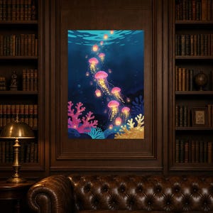 Bioluminescent Jellyfish Poster | Deep Sea Ocean Bathroom Wall Art Print | Dark Coastal Night Print image 7
