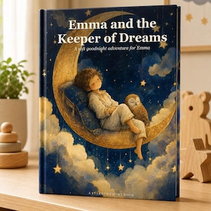 Peut inclure: Un livre relié intitulé Emma and the Keeper of Dreams: A soft goodnight adventure for Emma. La couverture présente une illustration d'un enfant dormant sur un croissant de lune doré avec un hibou, entouré d'un ciel nocturne bleu étoilé.